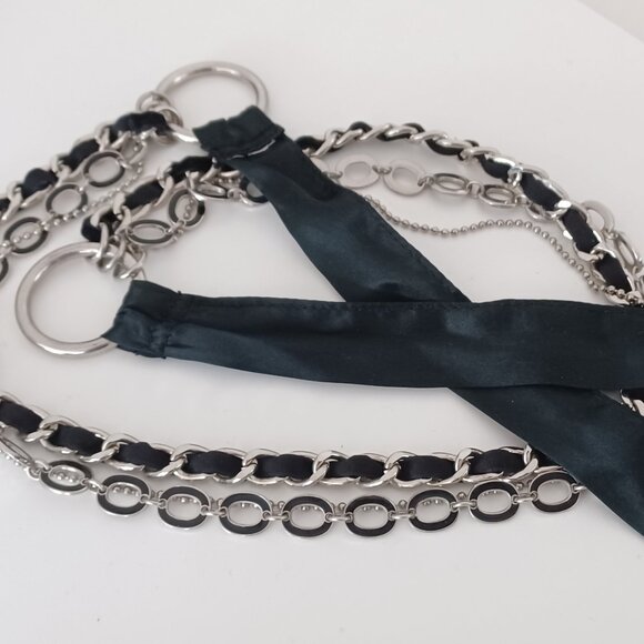 Black ribbon with chains belt 27" - Picture 2 of 3